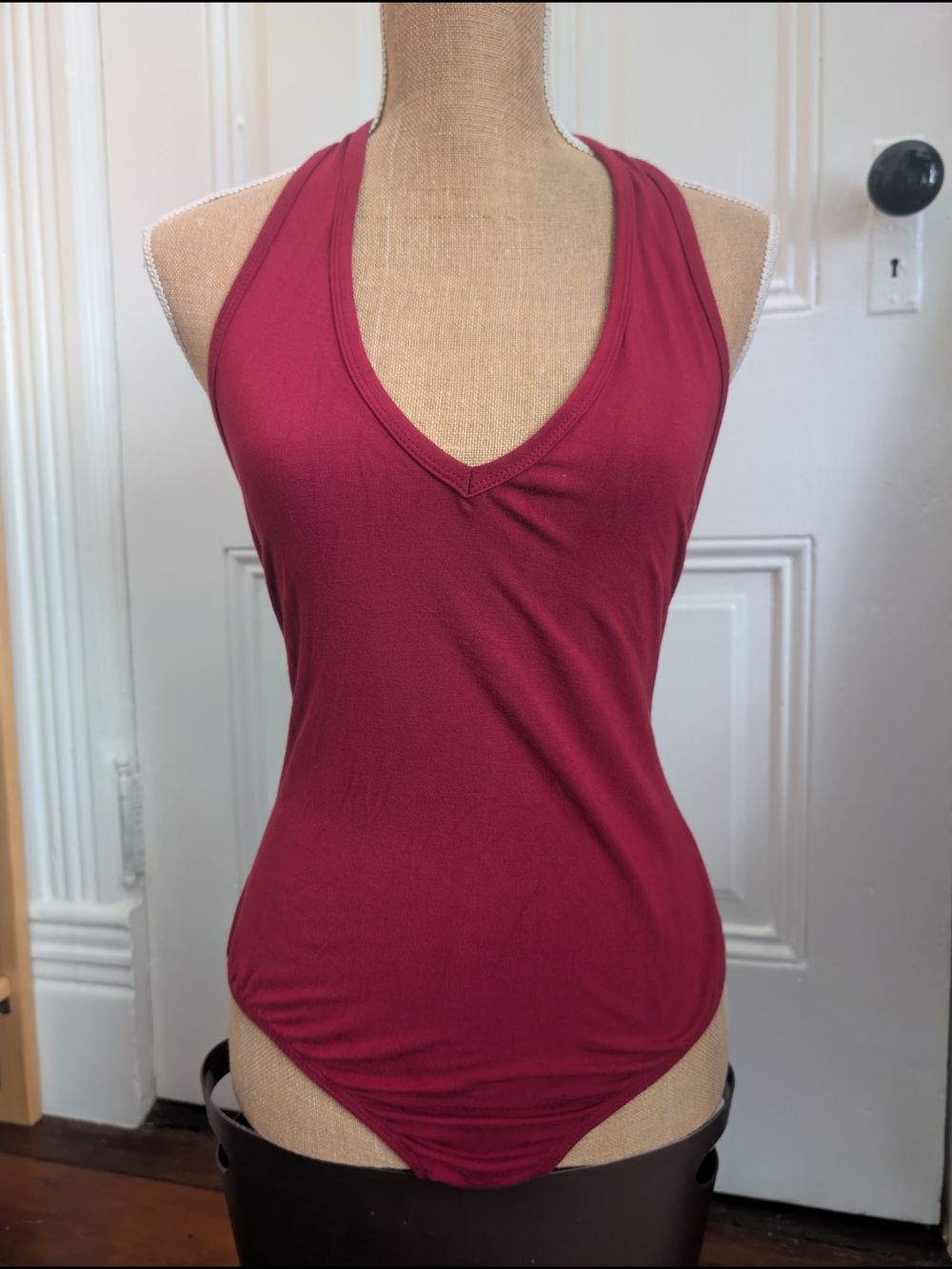 Sleeveless V-Neck Halter Bodysuit in Burgundy With Matching Shrug